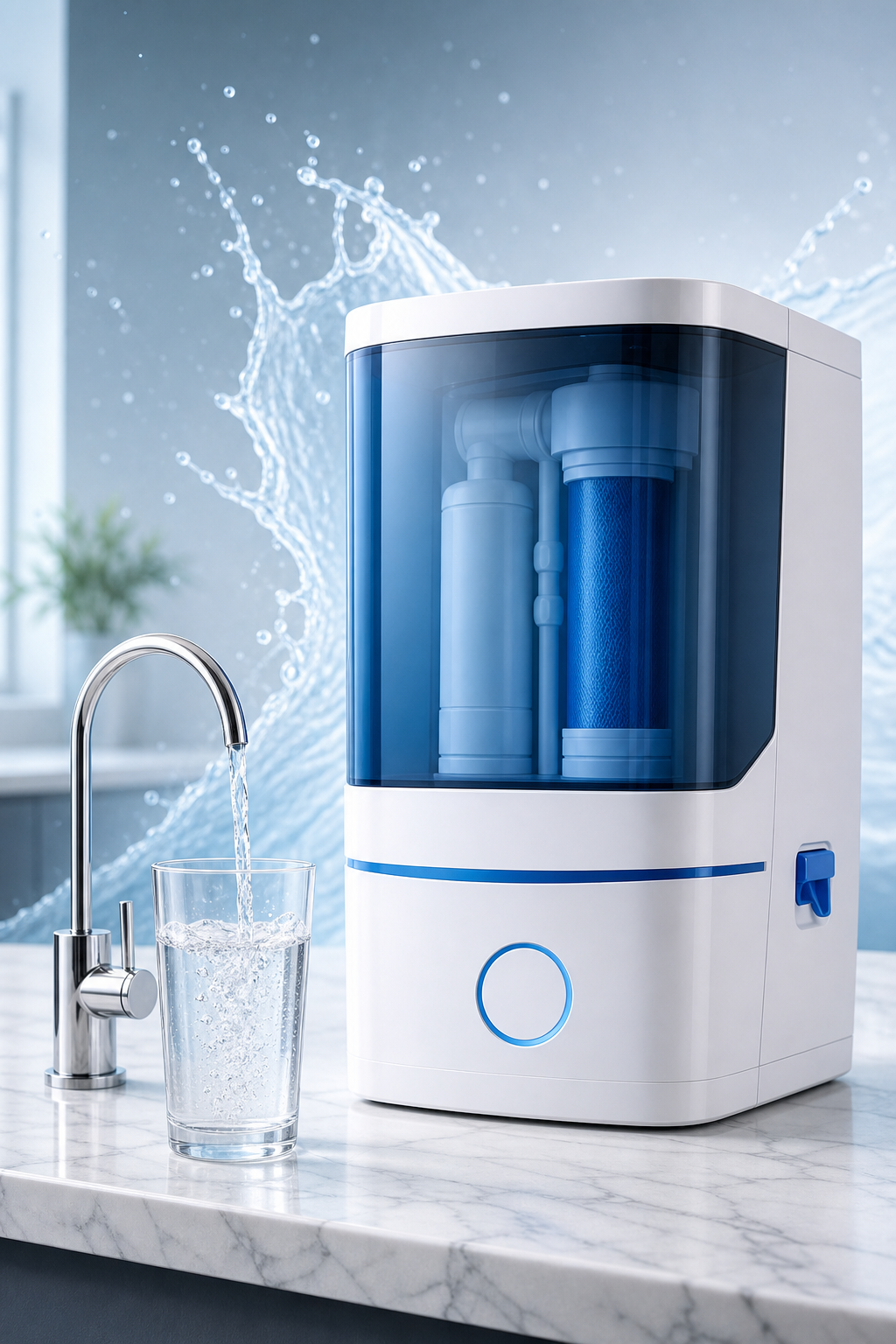 Premium RO water purifier on kitchen countertop